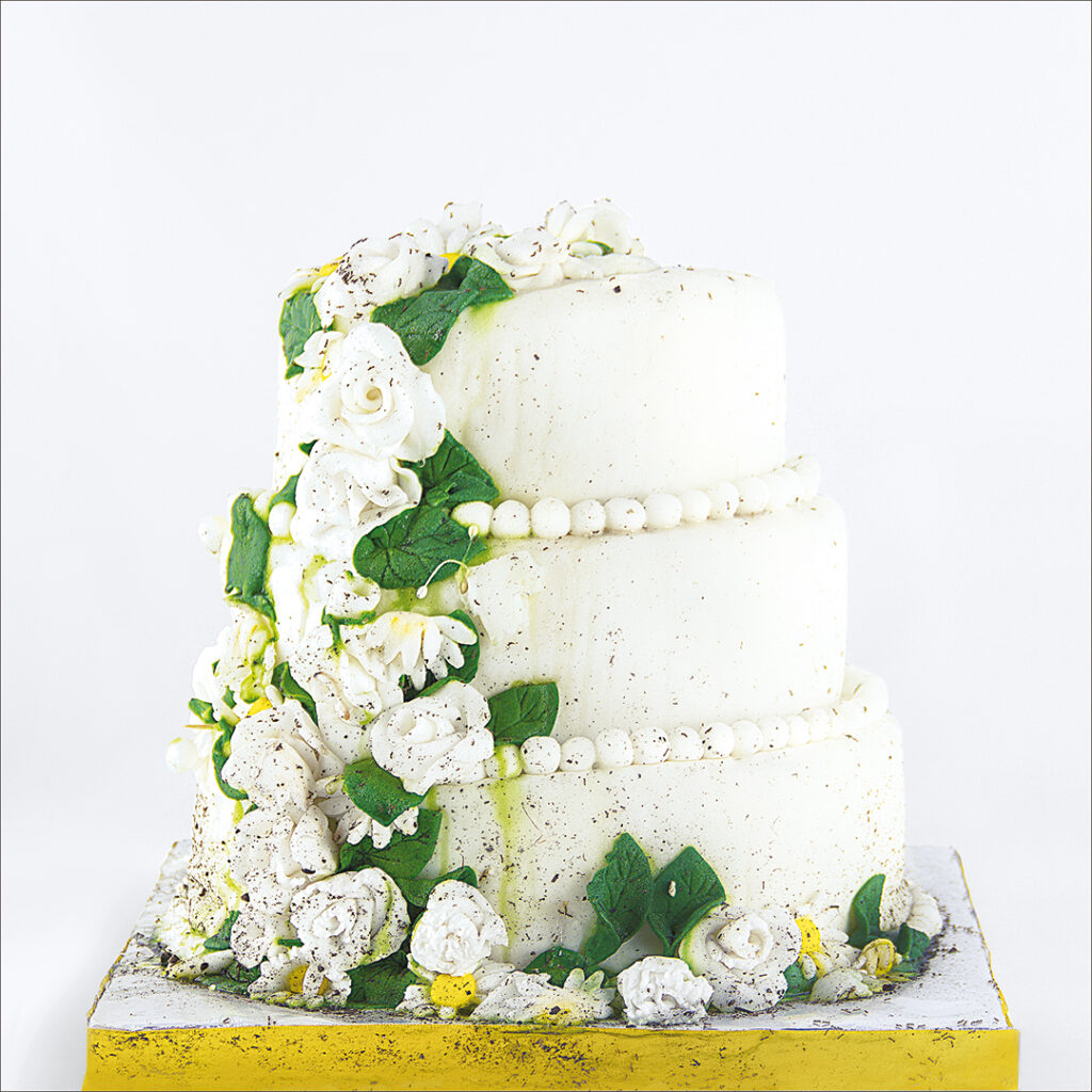 Fotografía a color cuadrada, con fondo blanco. Muestra una torta de casamiento de tres pisos sostenida sobre una base con borde amarillo. Desde la parte superior izquierda hasta la base está adornada con flores de azúcar: rosas blancas, margaritas con centro amarillo y hojas verdes. Muestra deterioro: suciedad, hormigas, un aparente hundimiento y flores derretidas.